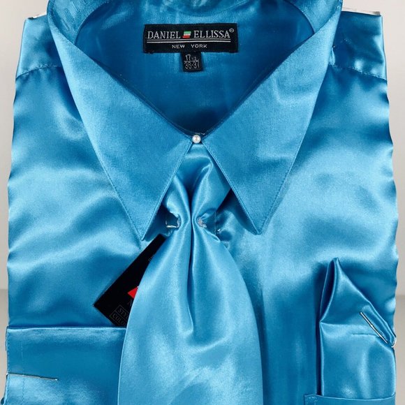Daniel Ellissa Men Turquoise Dress Shirt Tie Hanky Satin Sizes 17.5 - 18.5 - Picture 2 of 3